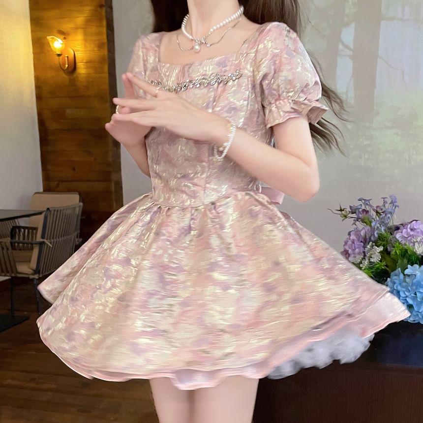 Short-Sleeve Square Neck Jacquard Mini A-Line Dress Product Image