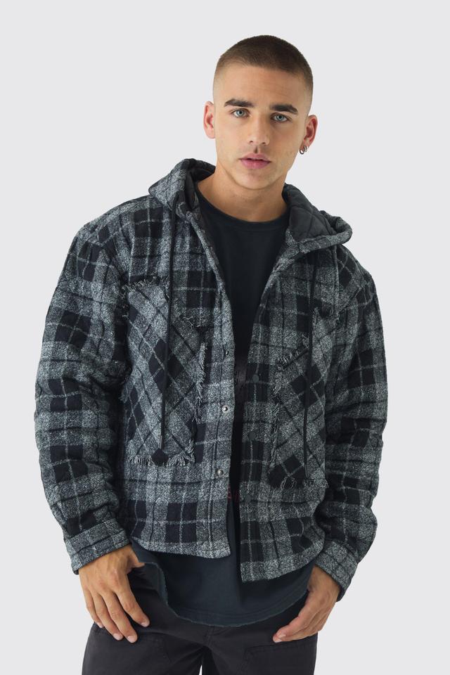 Oversized Hooded Plaid Patchwork Padded Shirt | boohooMAN USA Product Image