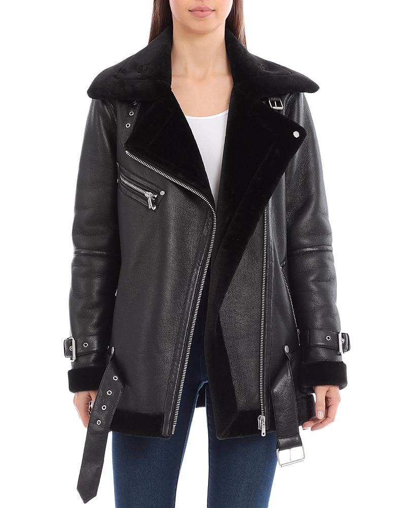 Avec Les Filles Oversized Faux Shearling Biker Jacket Black) Women's Clothing Product Image