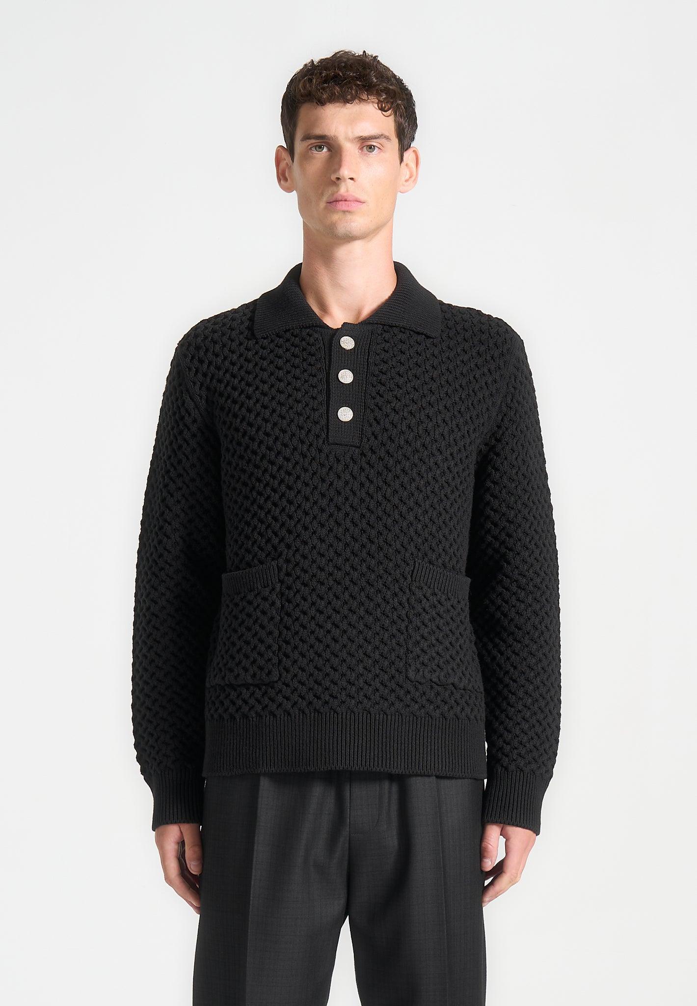 Waffle Knit Polo Jumper - Black Male Product Image