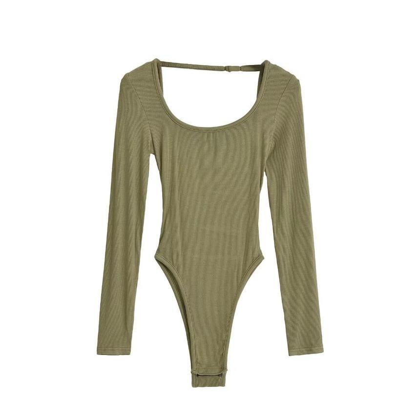 Long Sleeve Scoop Neck Plain Backless Bodysuit Top Product Image