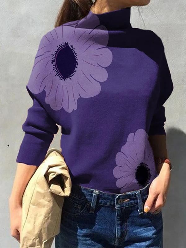 Long Sleeves Loose Flower Print Split-Joint High Neck T-shirts Product Image