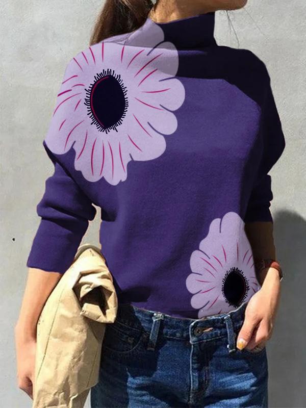 Long Sleeves Loose Flower Print Split-Joint High Neck T-Shirts Product Image