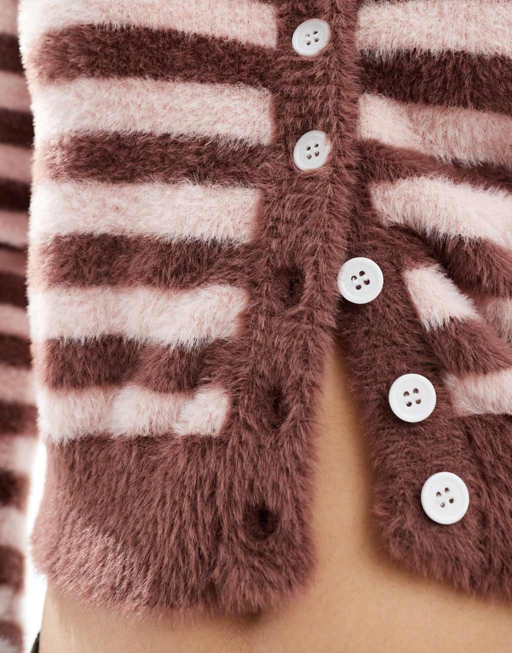 Daisy Street micro button up knit cardigan in pink brown stripe Product Image