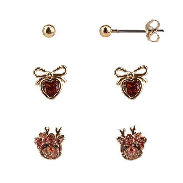 FAO Schwarz Gold Tone Crystal Reindeer & Heart Trio Stud Earrings Set, Womens, Red Product Image