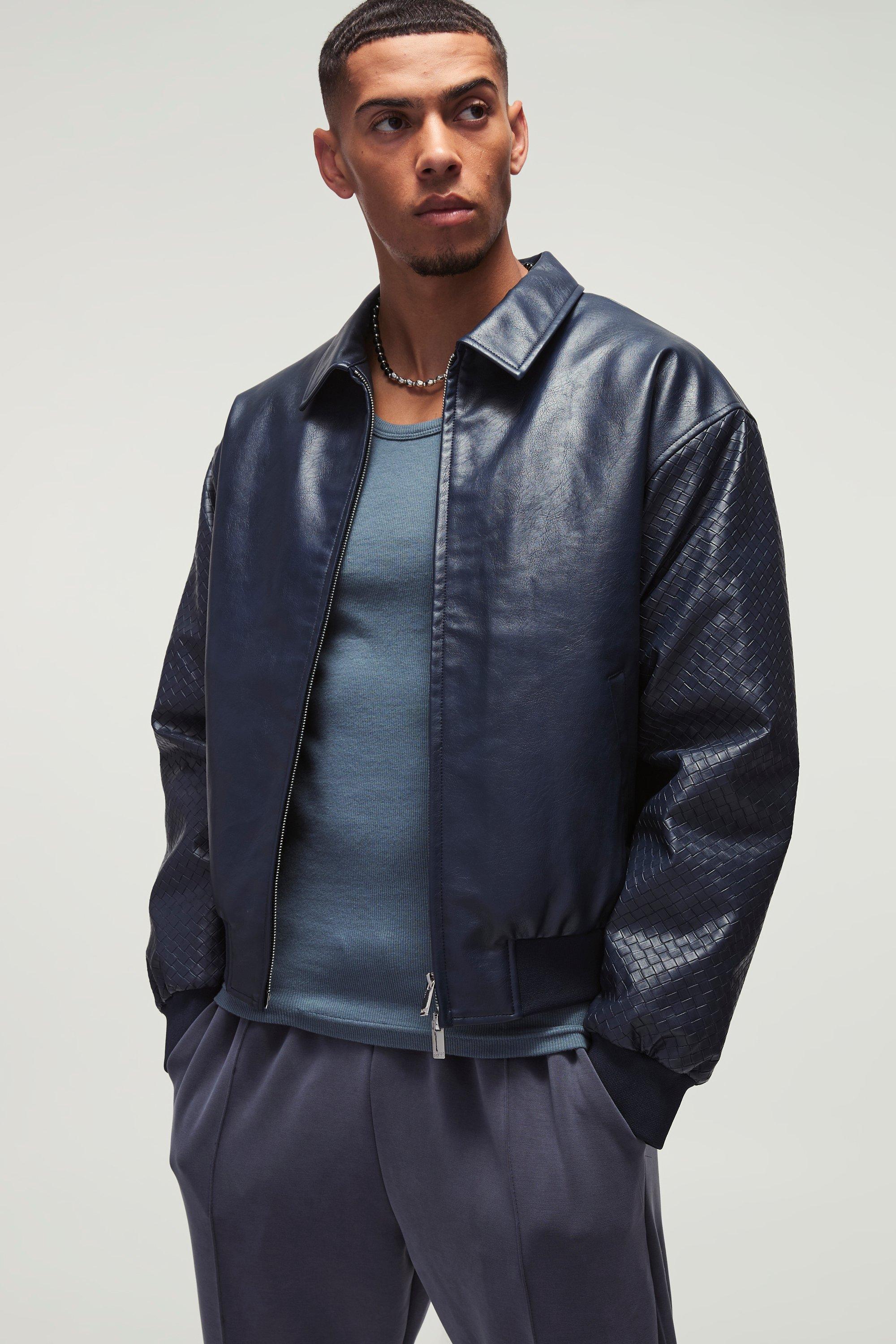 Boxy PU Collared Satin Sleeve Bomber in Navy | boohooMAN USA Product Image