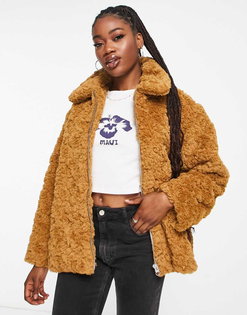 Monki curly faux fur boxy jacket in brown Product Image