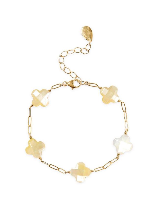 Womens 18K-Gold-Plated & Mother-Of-Pearl Clover Station Bracelet Product Image