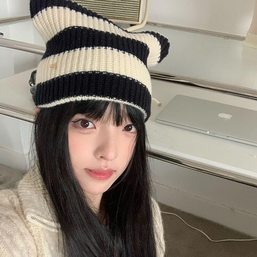 Cat Ear Striped Knit Beanie Product Image