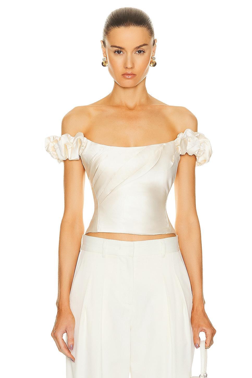 LoveShackFancy Ileana Pleated Off the Shoulder Satin Top Product Image