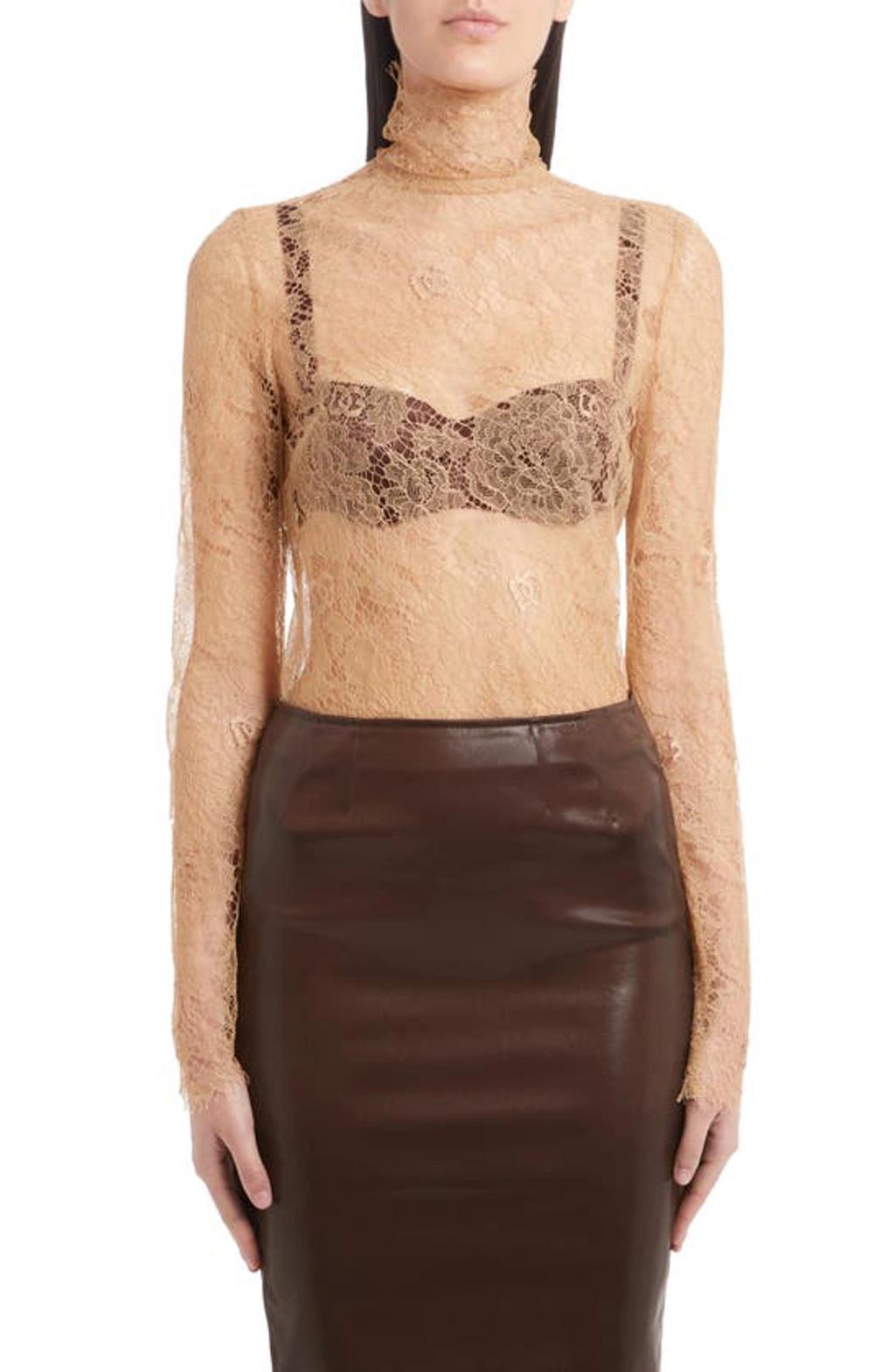 Sheer-lace High-neck Bouse In Nude & Neutrals Product Image