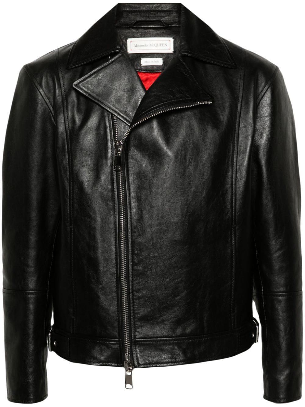 Zip-up Leather Biker Jacket In Black Product Image