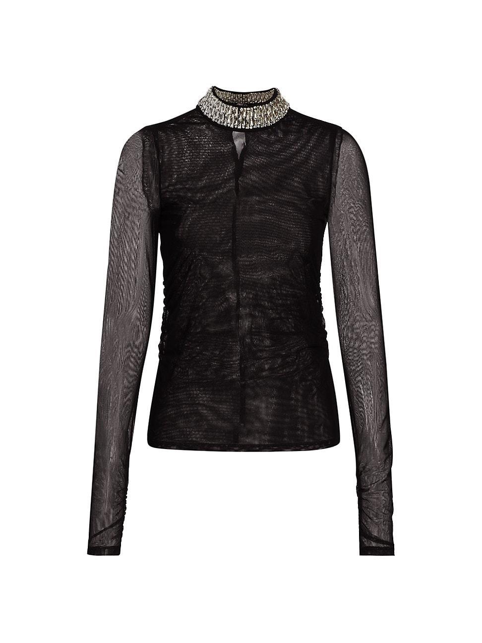 Womens Embellished Shirred Mesh Turtleneck Top Product Image