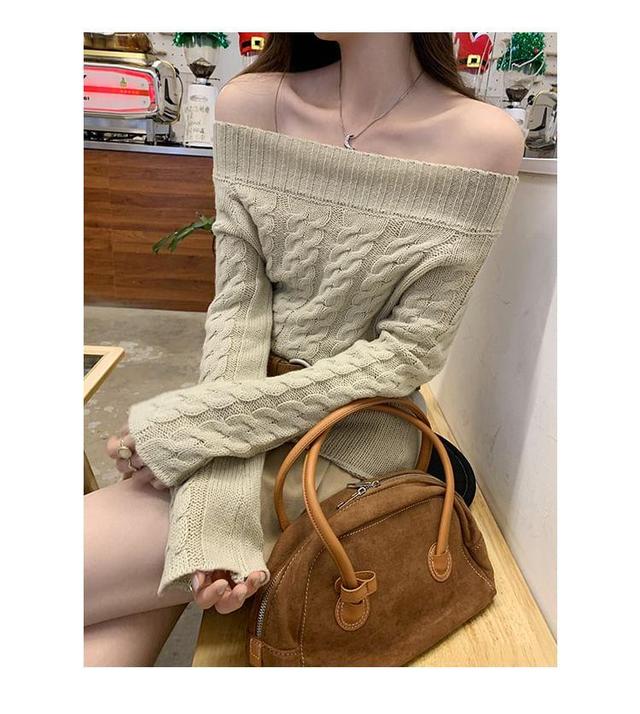 Off Shoulder Plain Cable Knit Sweater Product Image