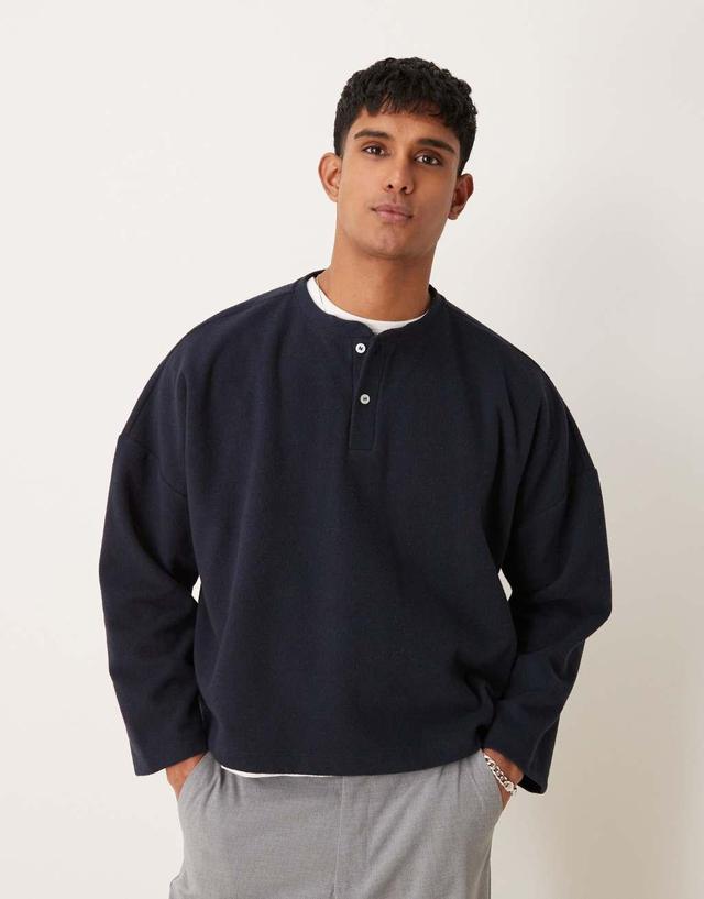 ASOS DESIGN oversized boxy heavyweight rib henley sweater in navy Product Image