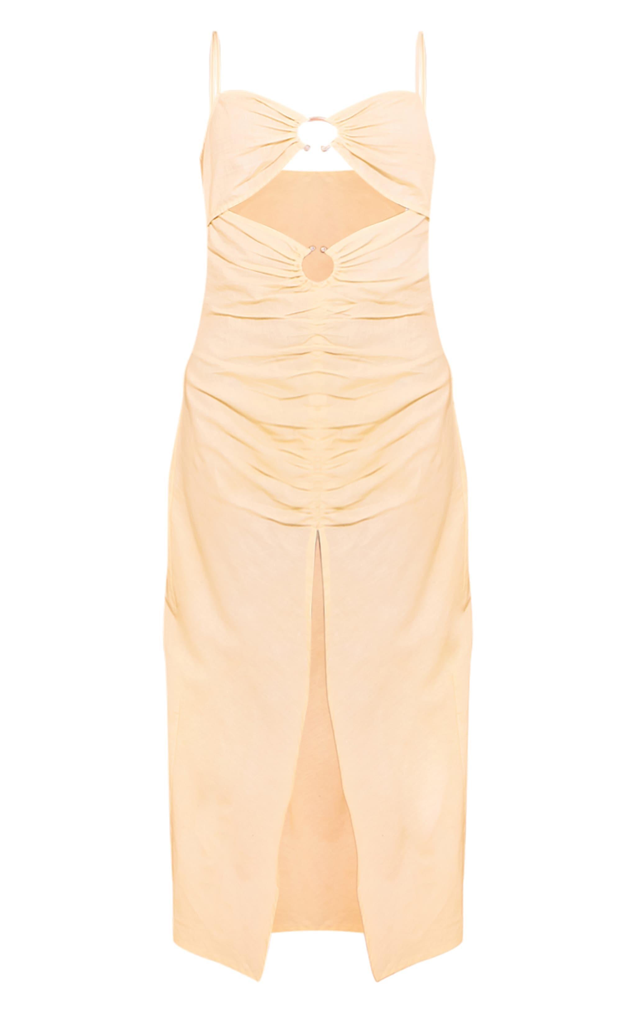  Cream Linen Look Trim Detail Cut Out Maxi Dress Product Image