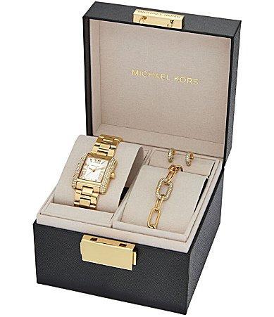 Michael Kors Womens Emery Three-Hand Metal-Tone Stainless Steel Watch Earring and Bracelet Gift Set Product Image