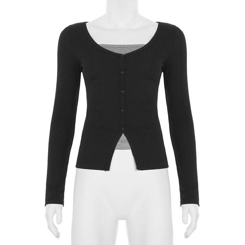 Mock Two Pieces Long Sleeve Ribbed Knitted Top Product Image