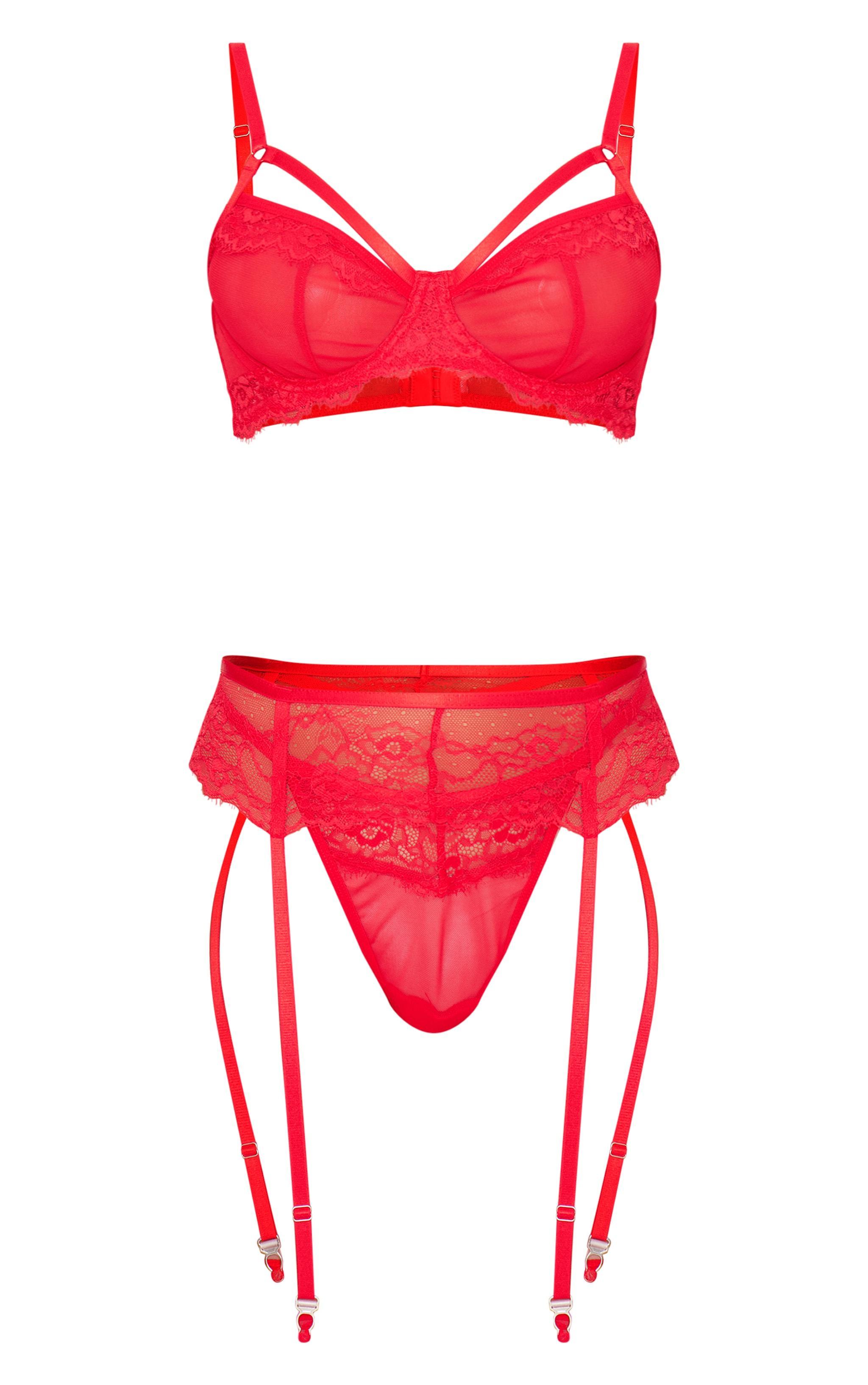 Red Lace 3 Piece Lingerie Set Product Image