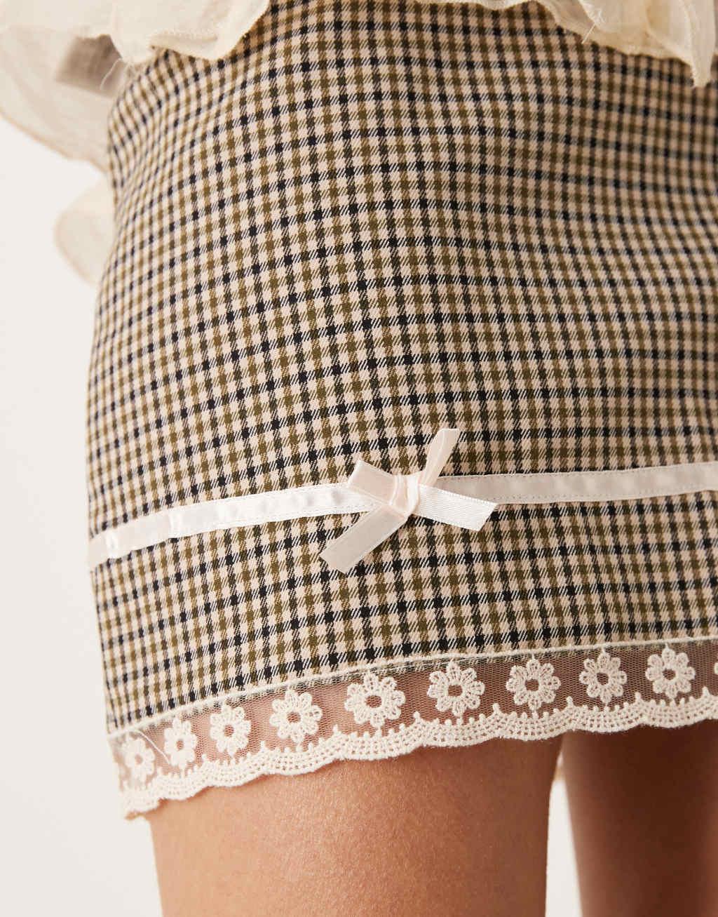 Miss Selfridge tailored lace trim bow mini skirt in check product image