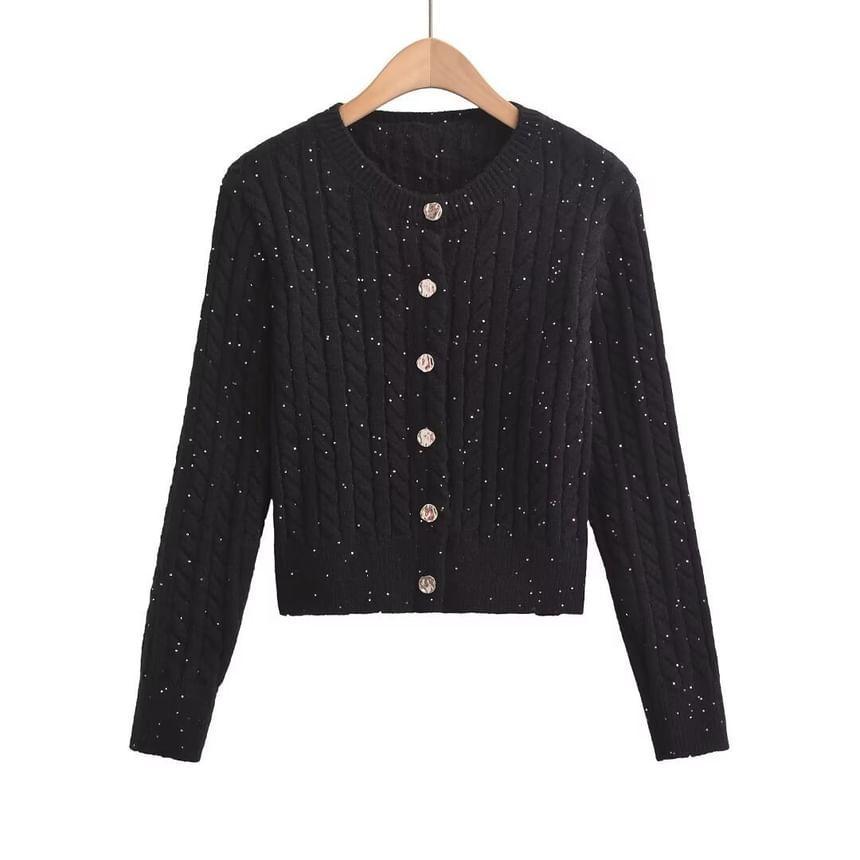 Plain Button-Up Cable Knit Cardigan Product Image