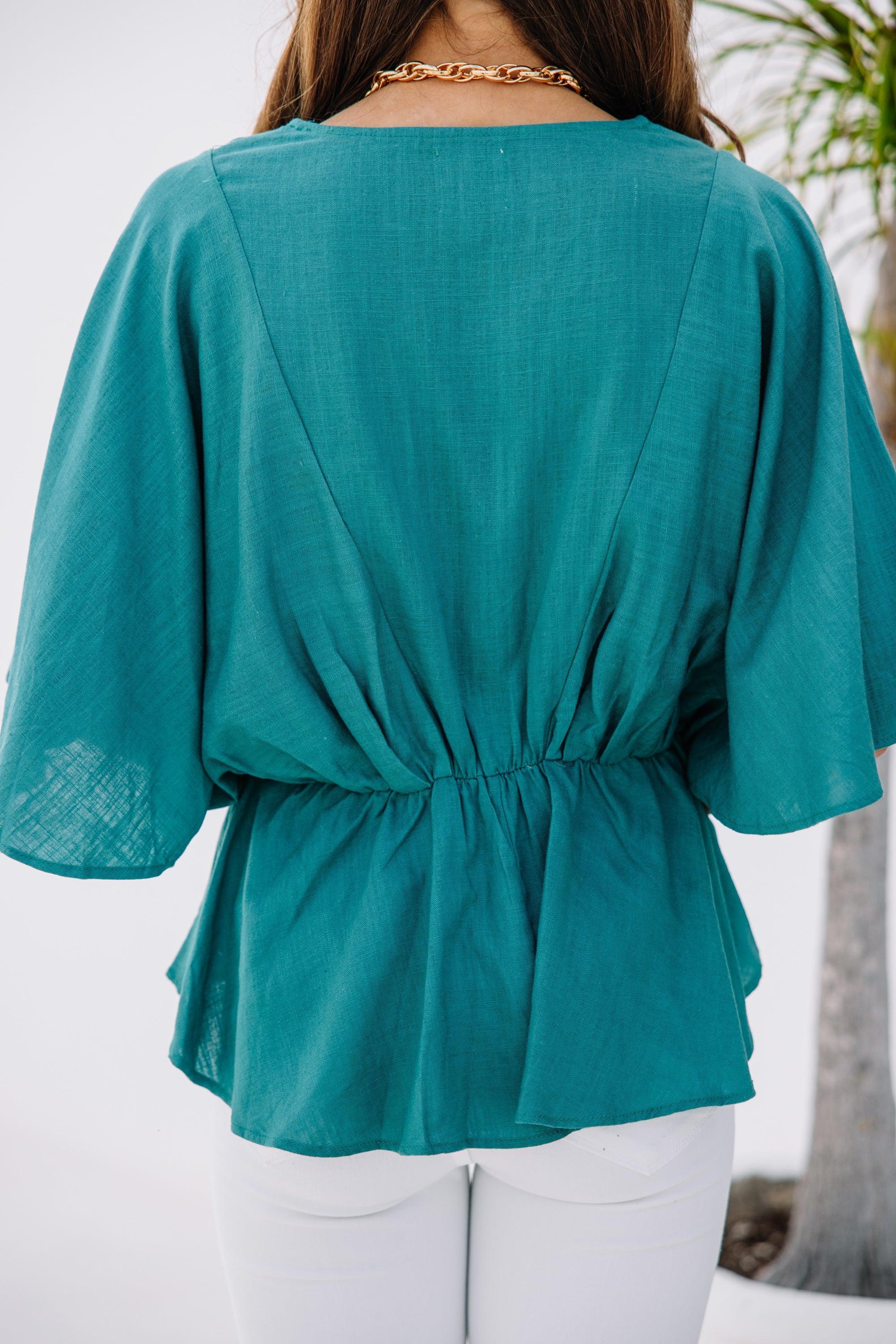 Tell Me Everything Jade Green Peplum Linen Top Female Product Image