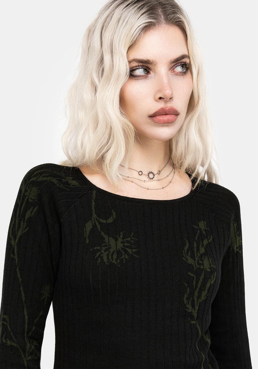 Diastella Floral Jacquard Rib Knit Raglan Sleeve Top - Black Product Image