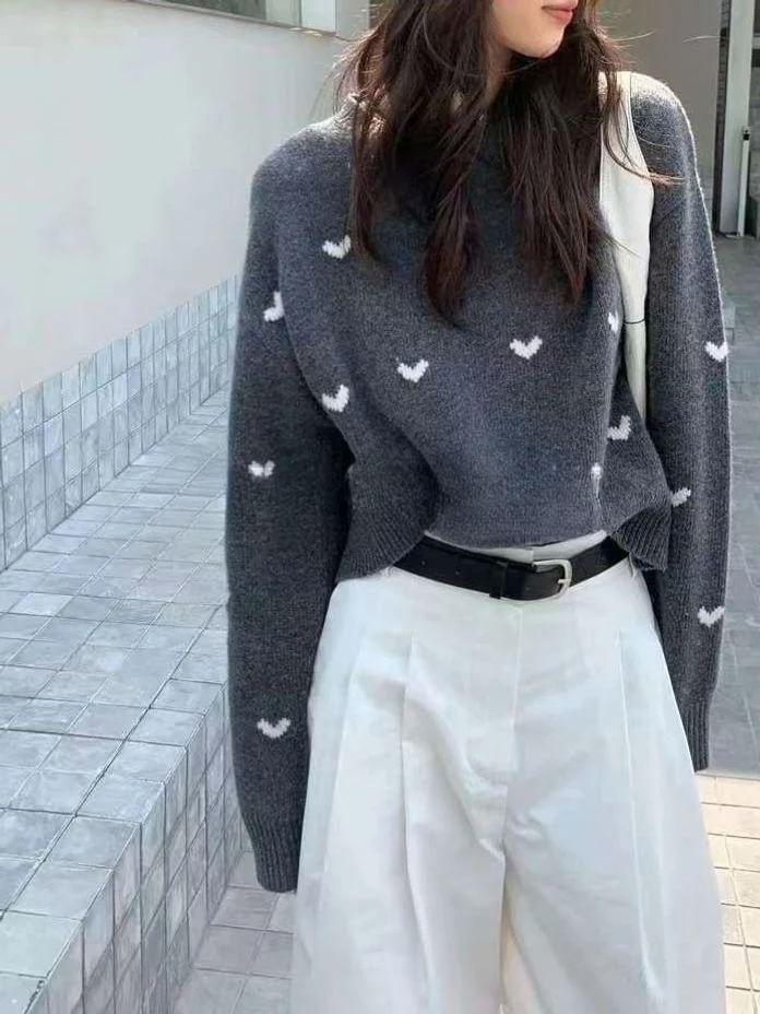 Heart Print Round Neck Sweater Product Image