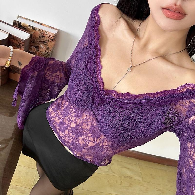 Flare-Sleeve V-Neck Lace Crop Top Product Image