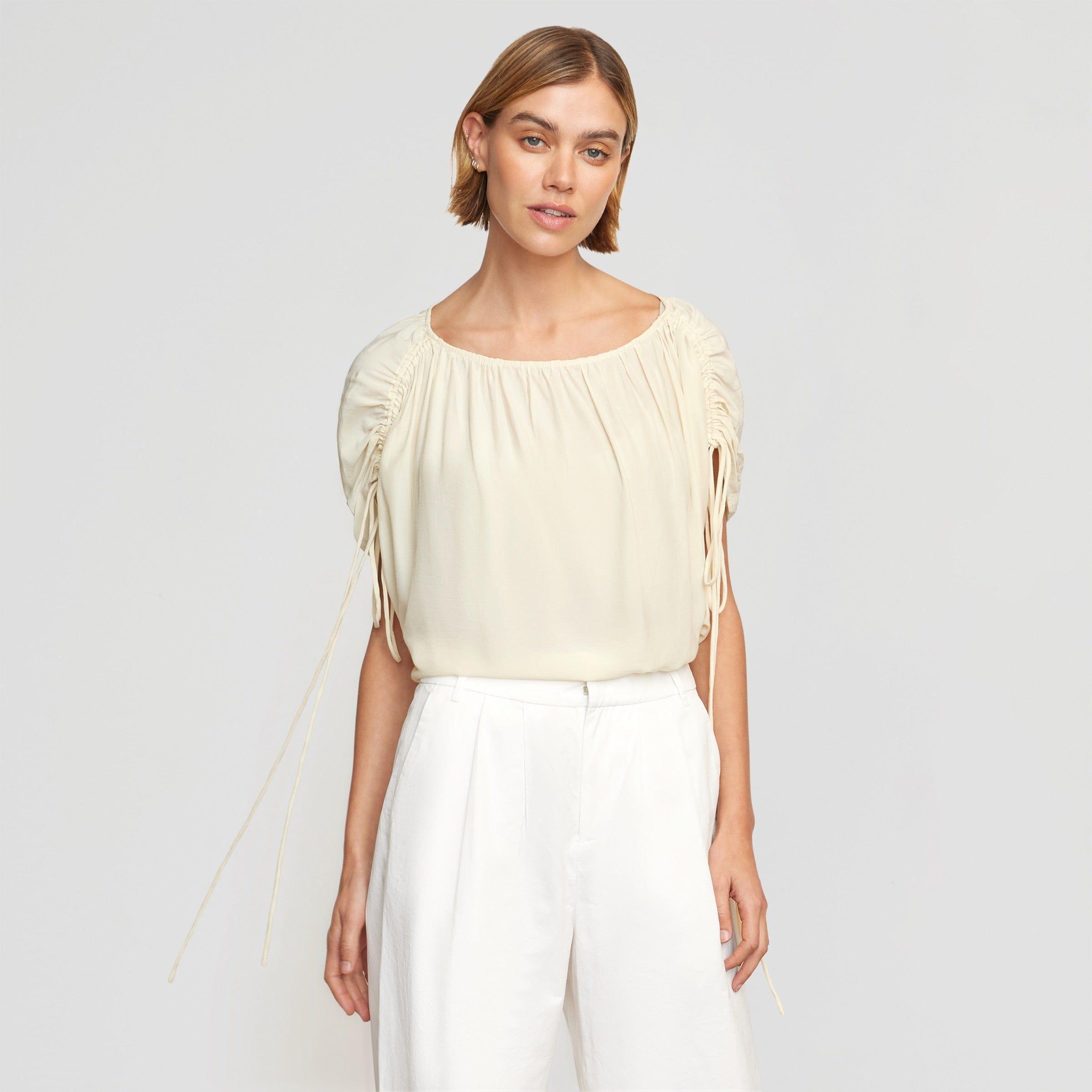 Akari Semi-Sheer Gathered-Shoulder Blouse Product Image