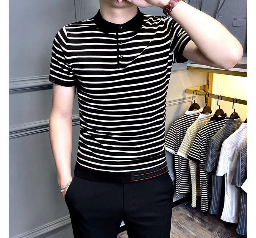 Short-Sleeve Striped Polo Knit Top Product Image