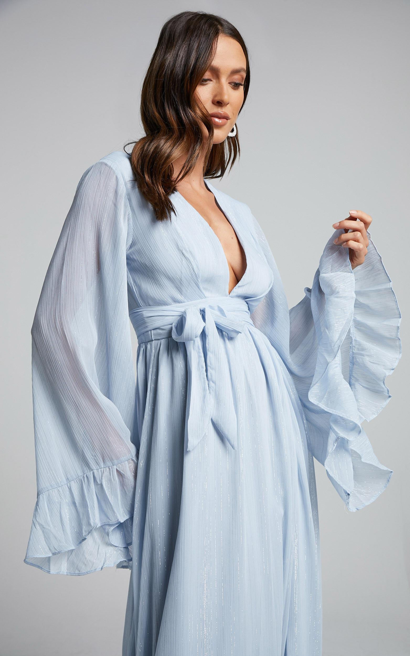 Dangerous Woman Maxi Dress - Plunge Thigh Split Dress in Light Blue Product Image