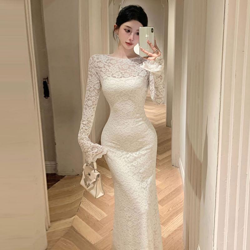 Set: Long-Sleeve Crew Neck Lace Mermaid Maxi Dress + Slipdress Product Image