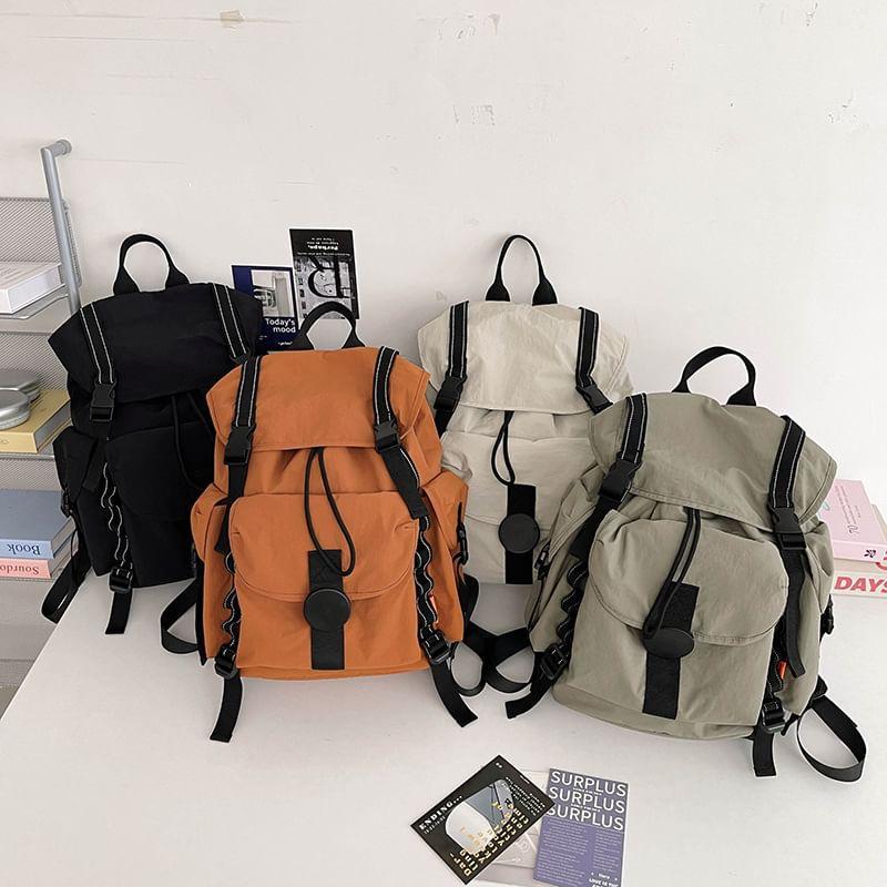 Flap Drawstring Buckle Nylon Backpack Product Image