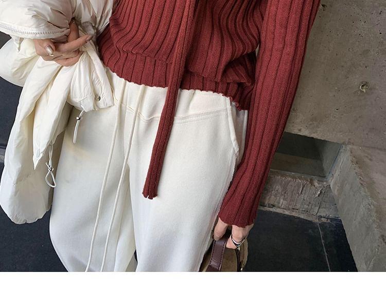 Long-Sleeve V-Neck Ribbed Plain Knit Top Product Image