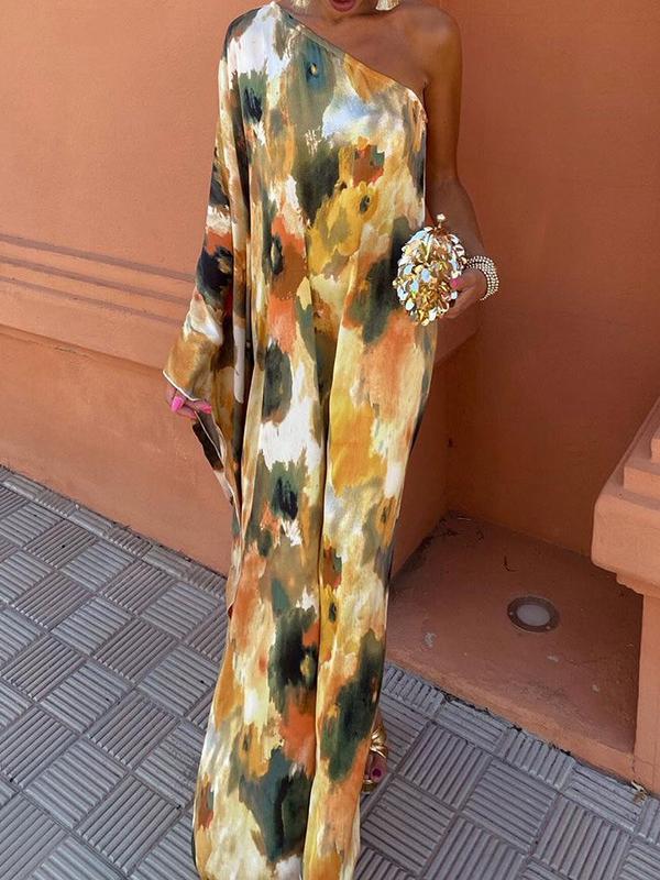 Loose Asymmetric Printed Split-Joint One-Shoulder Evening Dresses Maxi Dresses Product Image