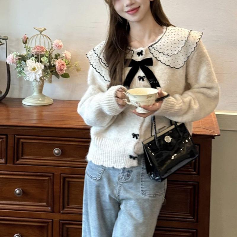 Long Sleeve Doll Collar Bow Accent Loose-Fit Cardigan Product Image