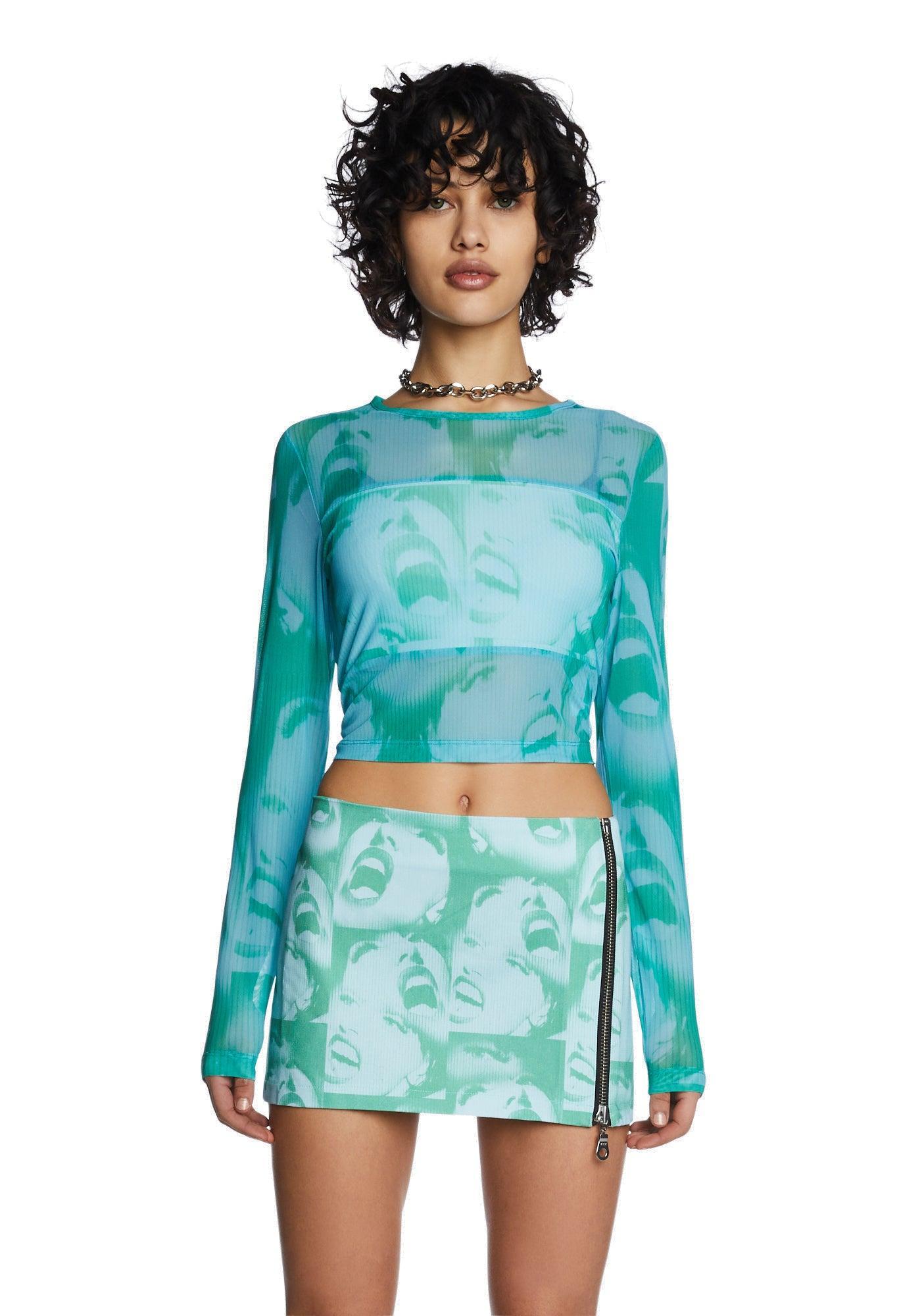 The Ragged Priest Scream Print Mesh Top - Blue Product Image