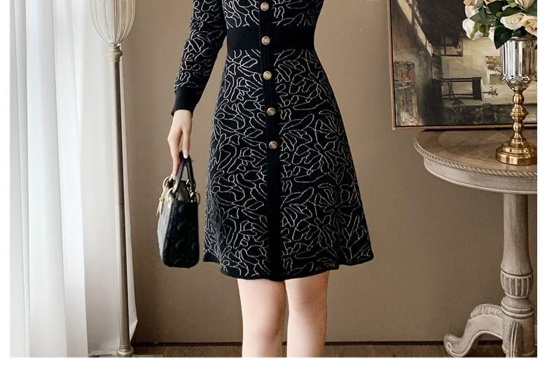 Long-Sleeve V-Neck Floral Knit Mini A-Line Dress Product Image