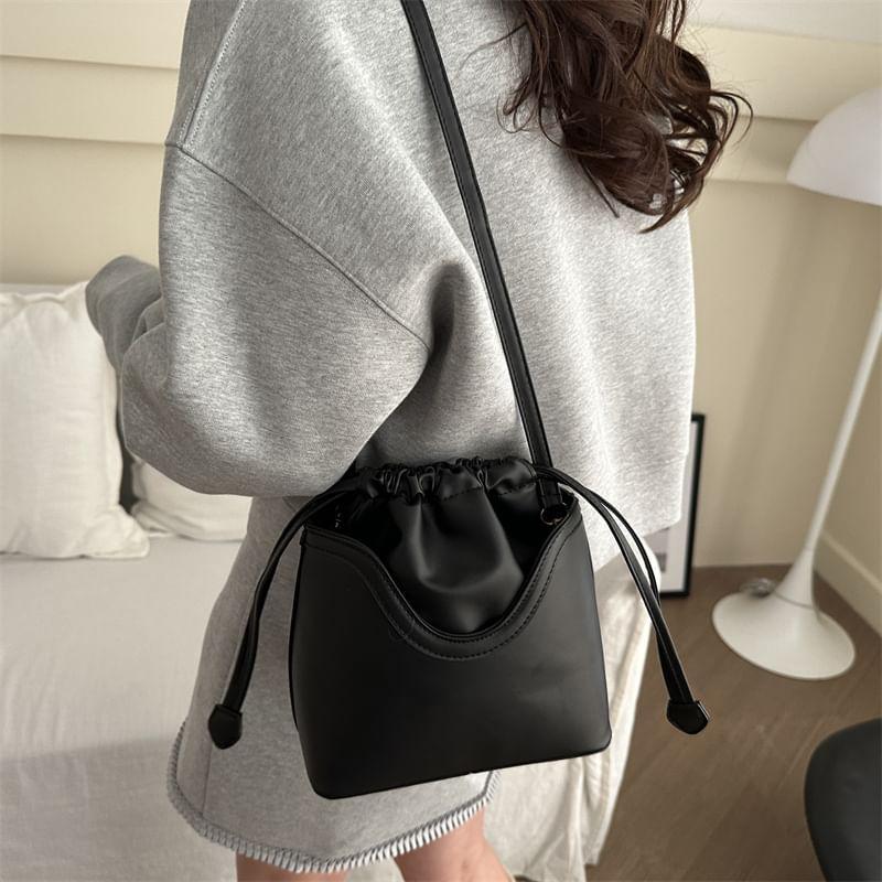 Plain Drawstring Faux Leather Bucket Bag Product Image