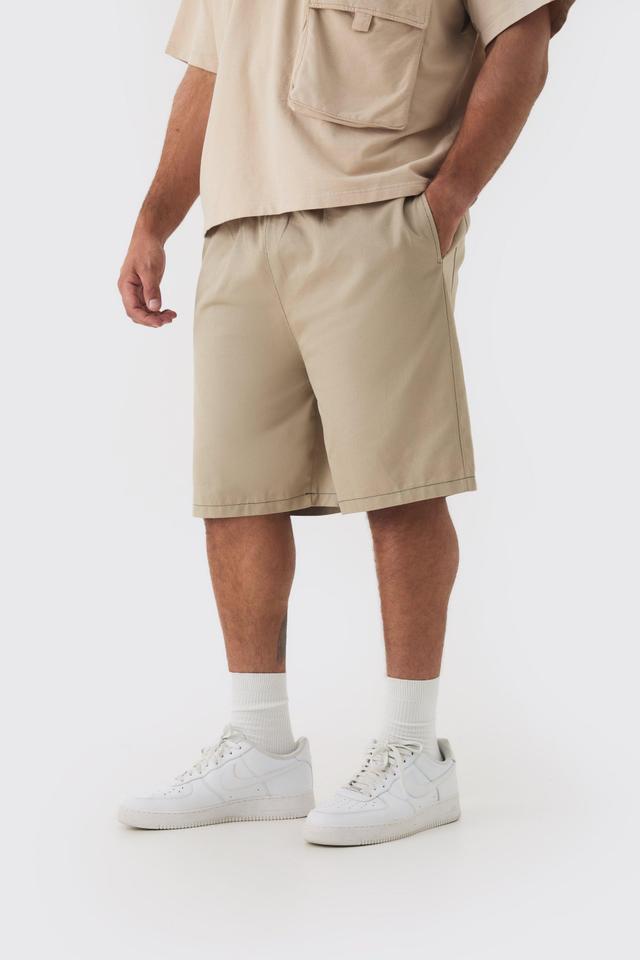 Plus Elasticated Waist Relaxed Twill Contrast Stitch Shorts | boohooMAN USA Product Image