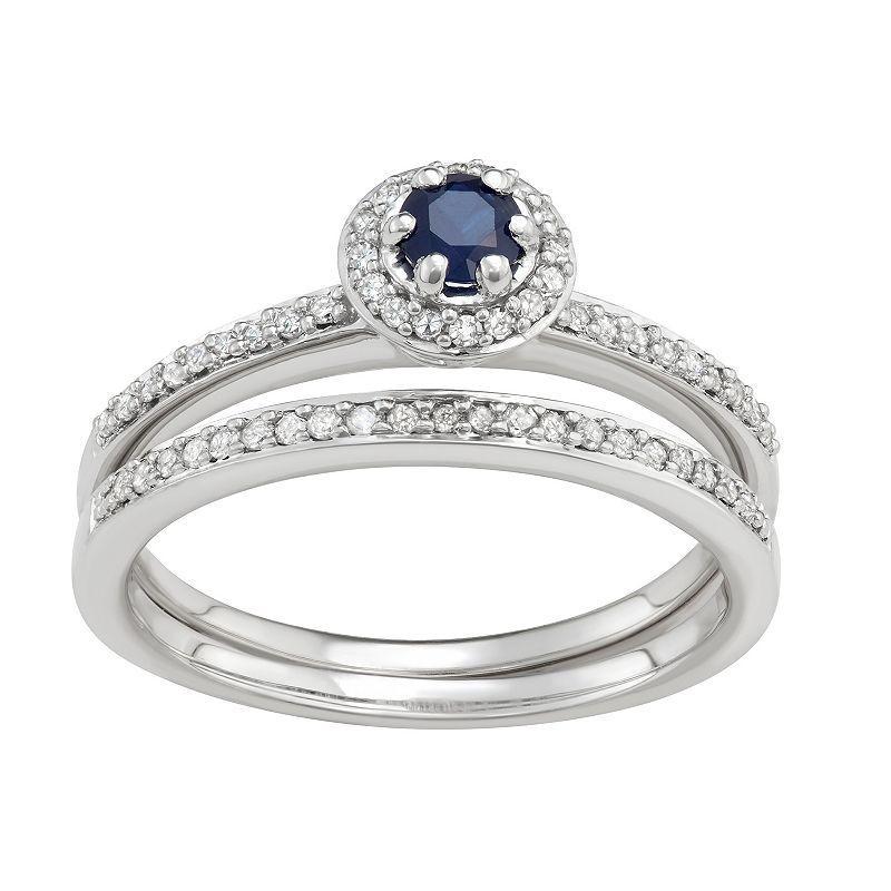 10k White Gold 1/3 Carat T.W. Diamond & Gemstone Halo Engagement Ring Set, Womens Blue Product Image