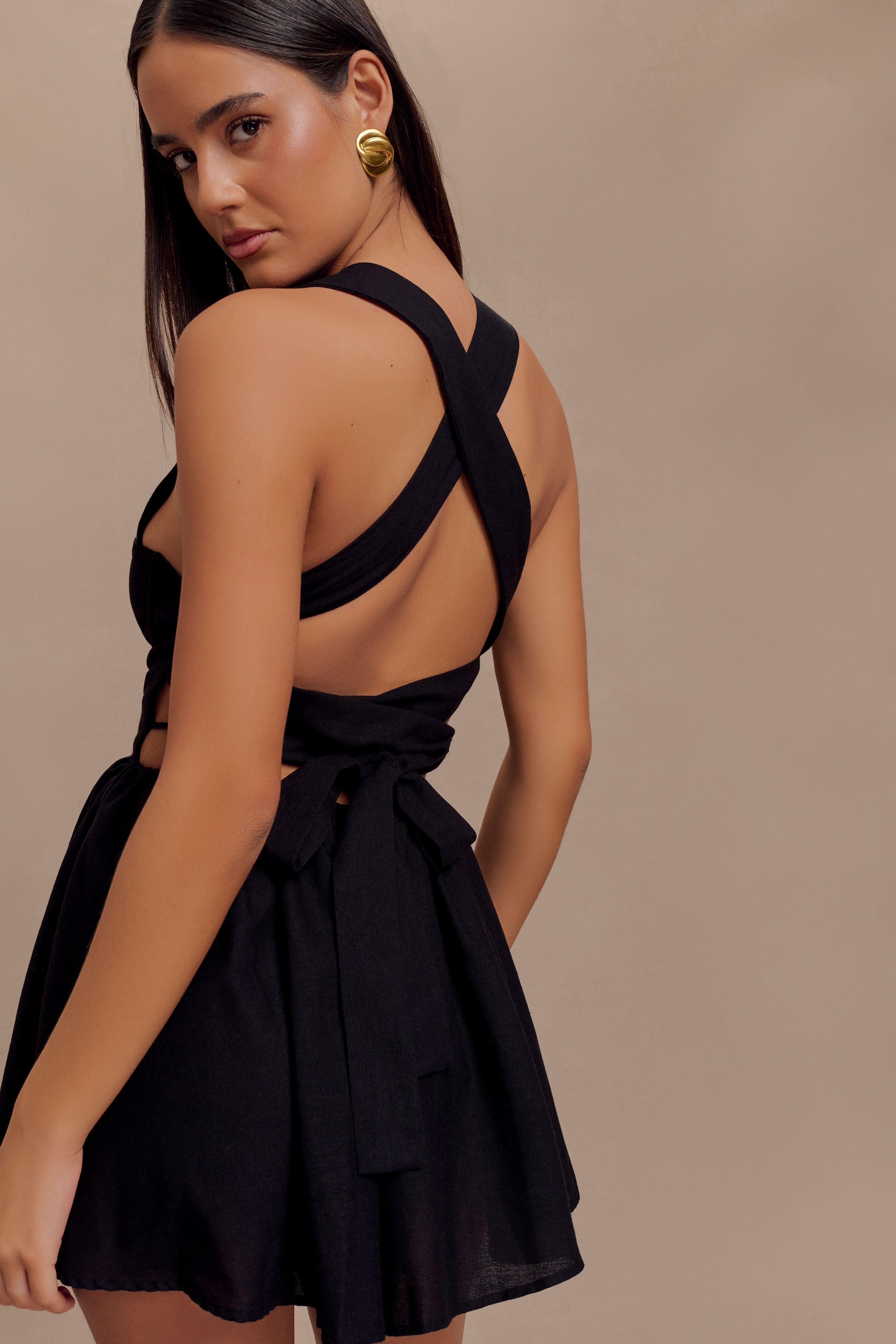 Loz Tie Back Linen Mini Dress - Black Product Image