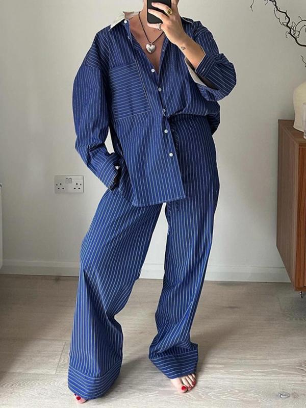 Long Sleeves Loose Buttoned Pockets Split-Joint Striped Lapel Blouses Tops + Pants Bottom Two Pieces Set product image