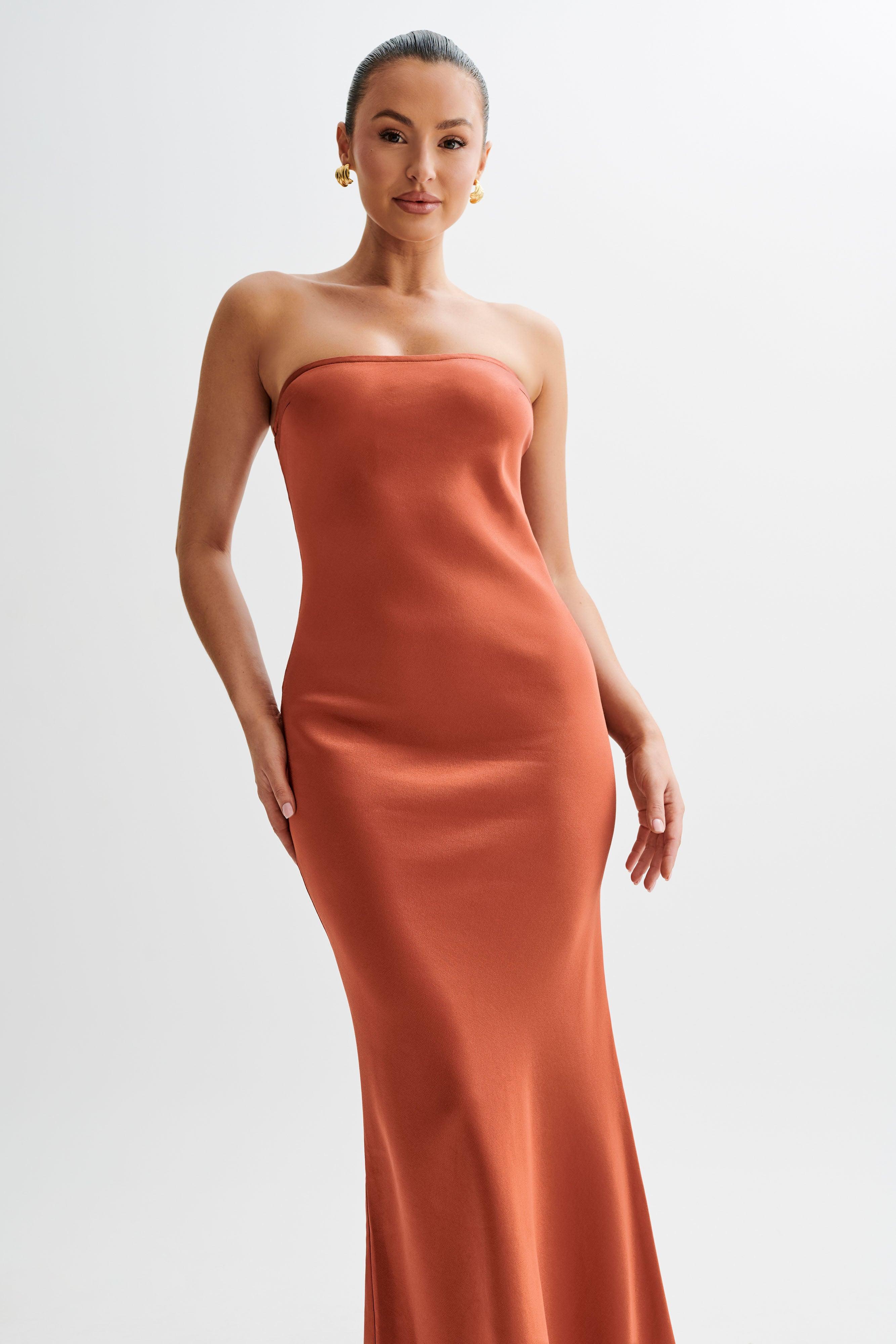 Claudette Strapless Satin Maxi Dress - Burnt Orange Product Image