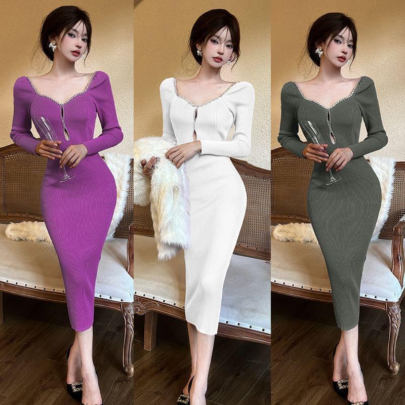 Long Sleeve V-Neck Plain Rhinestone Cutout Ribbed Knit Midi Sheath Dress Product Image