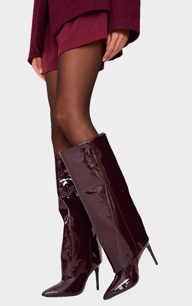 Burgundy Patent PU Wide Fit Point Toe Fold Over High Heel Knee High Boots Product Image