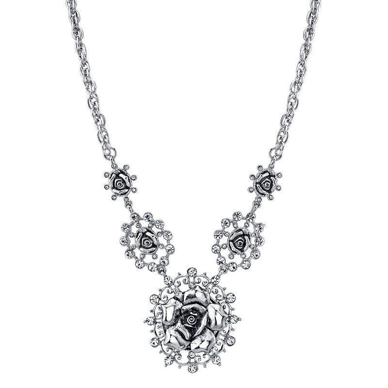 1928 Silver Tone Rose & Simulated Crystal Necklace, Womens Product Image