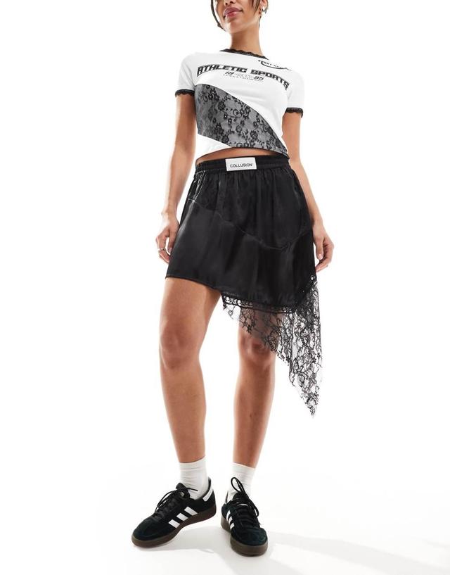 COLLUSION asymmetric mini skirt with satin and lace jacquard mix in black Product Image