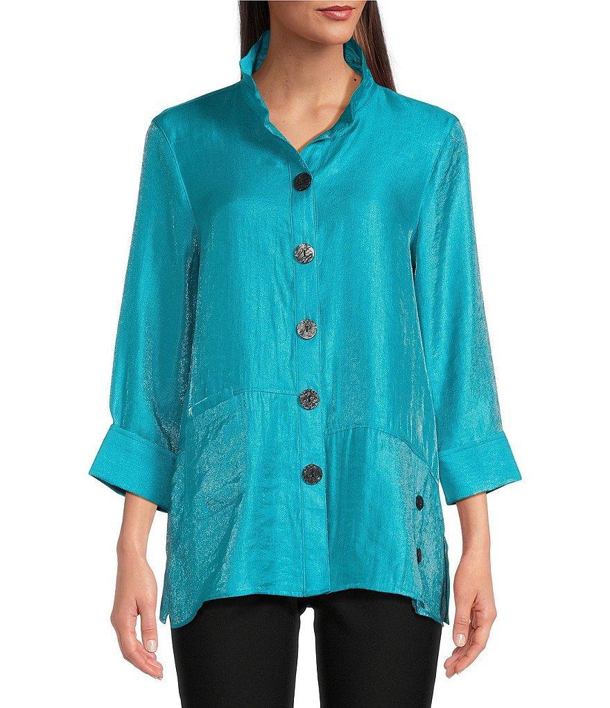 Ali Miles Petite Size Woven Shimmer Stand Ruffle Collar 3/4 Sleeves Button-Front Tunic product image